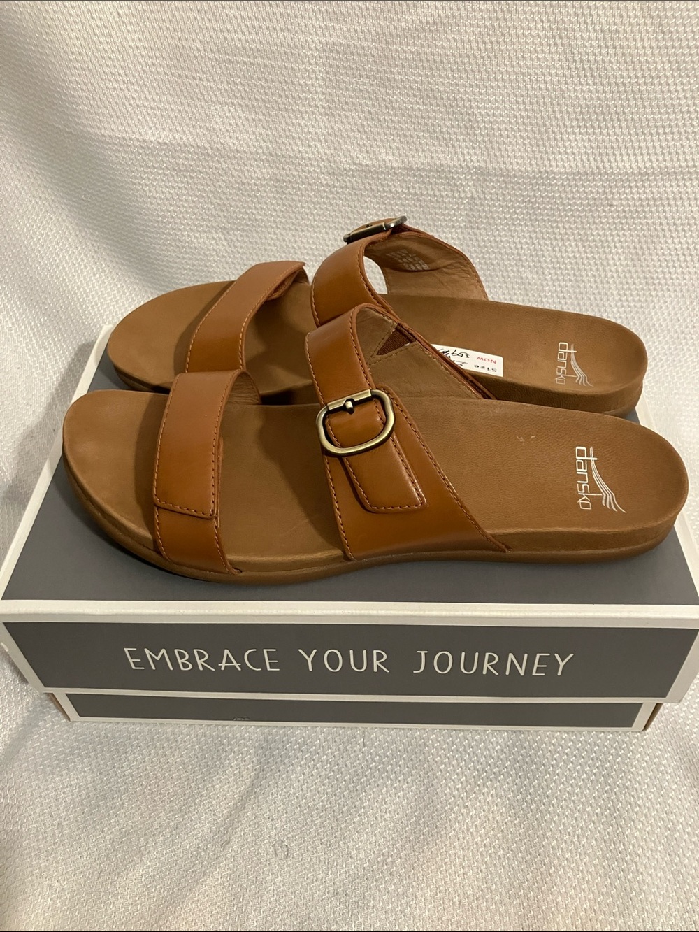 Dansko Women's Tan Double-Strap Slide Sandal with Buckle